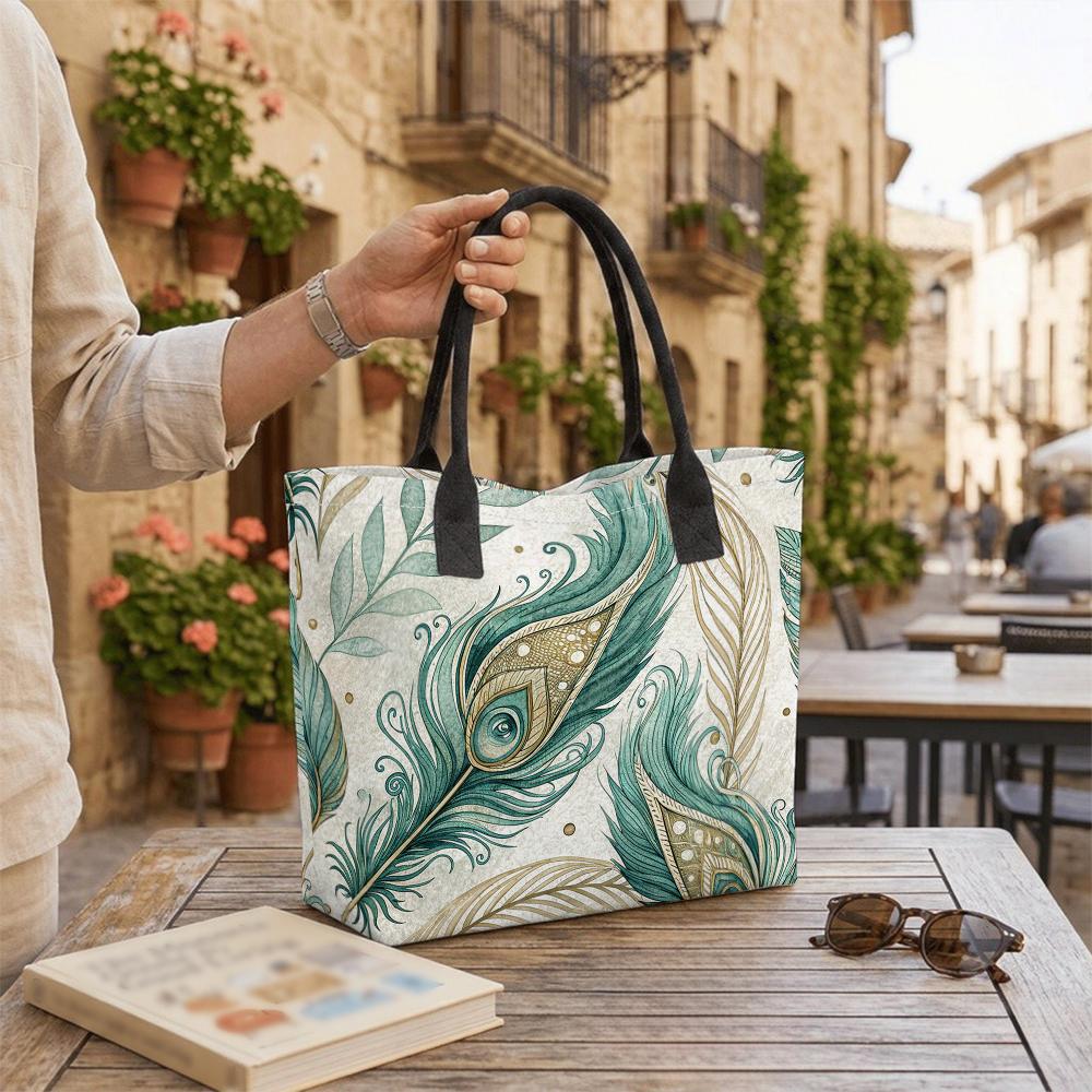 Bohemian Peacock Feather Print Tote Bag Large Capacity Casual Canvas Shoulder Bag for Daily Use