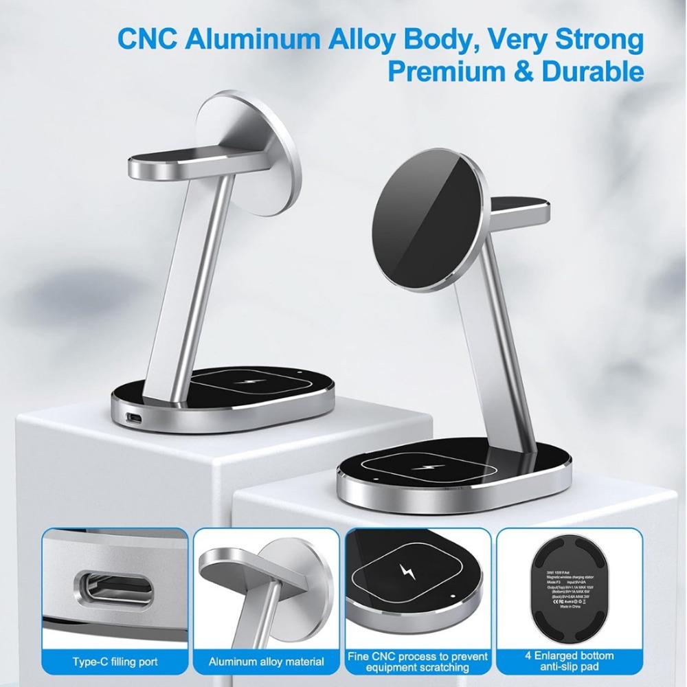 Der 3-in-1-Desktop-Ständer für kabellose Ladegeräte aus Aluminiumlegierung eignet sich zum kabellosen Laden von iPhone-Uhrenkopfhörern