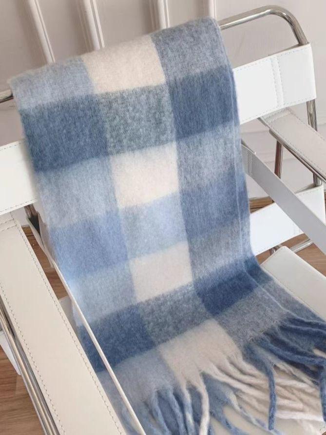 Plaid fringed scarf women's autumn and winter rainbow European and American big-name color matching imitation cashmere mohair shawl thickened scarf