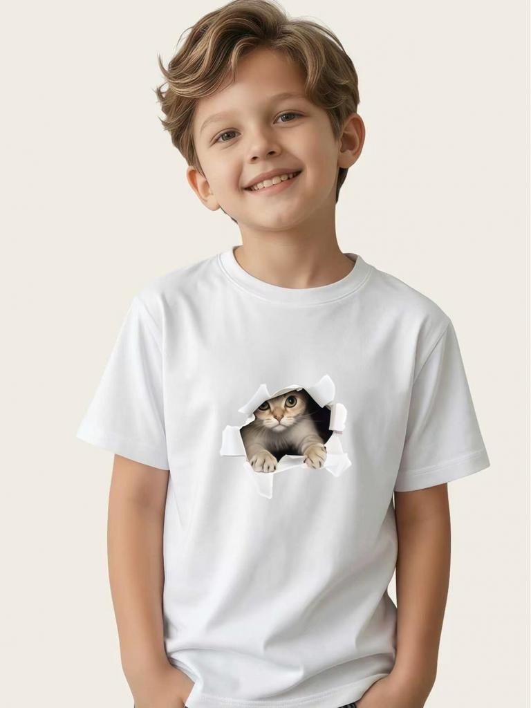 Boy's Simulated Cat Print Round Neck Short-sleeved Children's Summer Skin-friendly