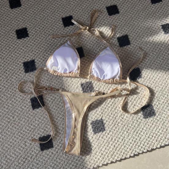 2 ks/sada Dámské sexy bikini set světlý povrch umělá perla podprsenka šněrovací sada tanga rychleschnoucí plavky plážové oblečení