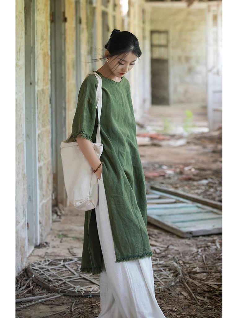 Frühling/Sommer Damen Baumwolle Leinen Fünf-Ärmel Ramie Zen Kleid