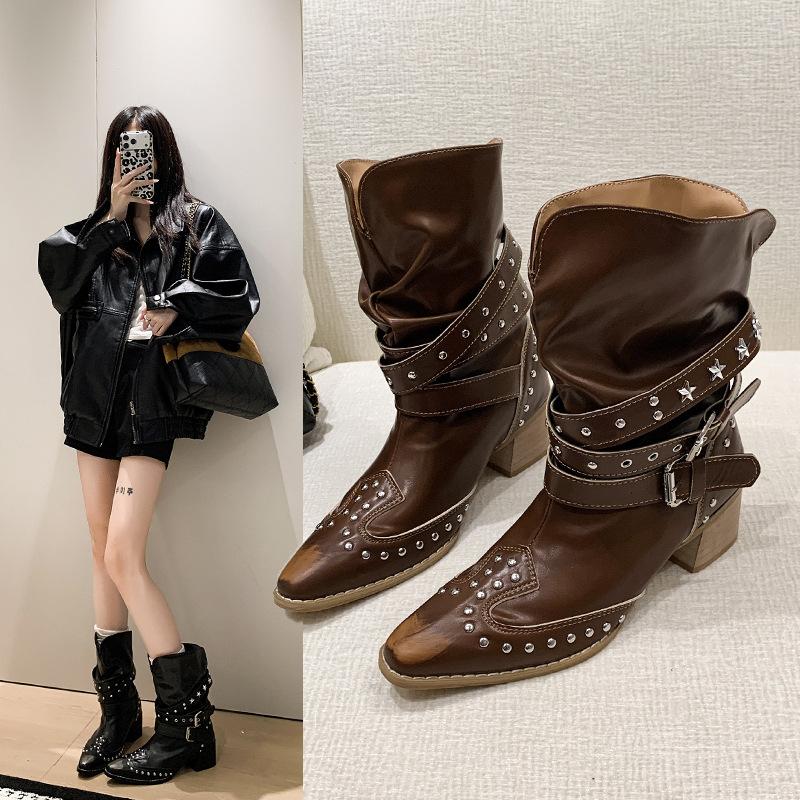 Female pointed European and American style boots fashion boots versatile autumn new rivet thick heel height increase thin short boots