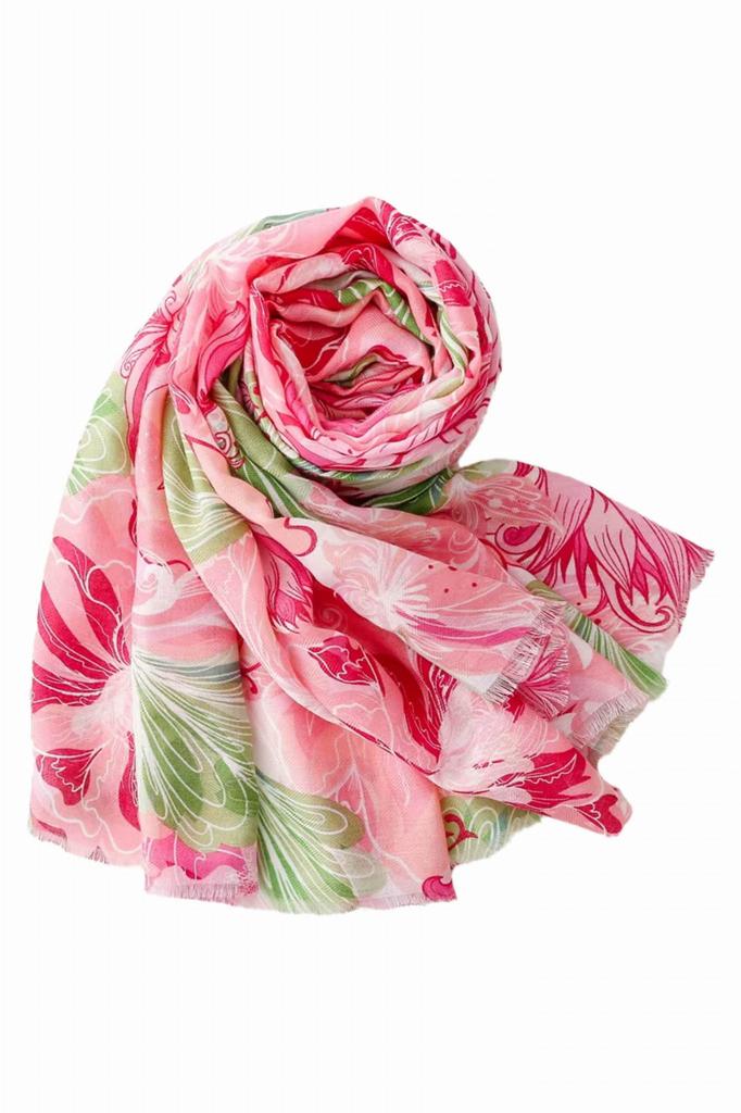 Pink and Green Floral Shawl - 100% Viscose, 180X90