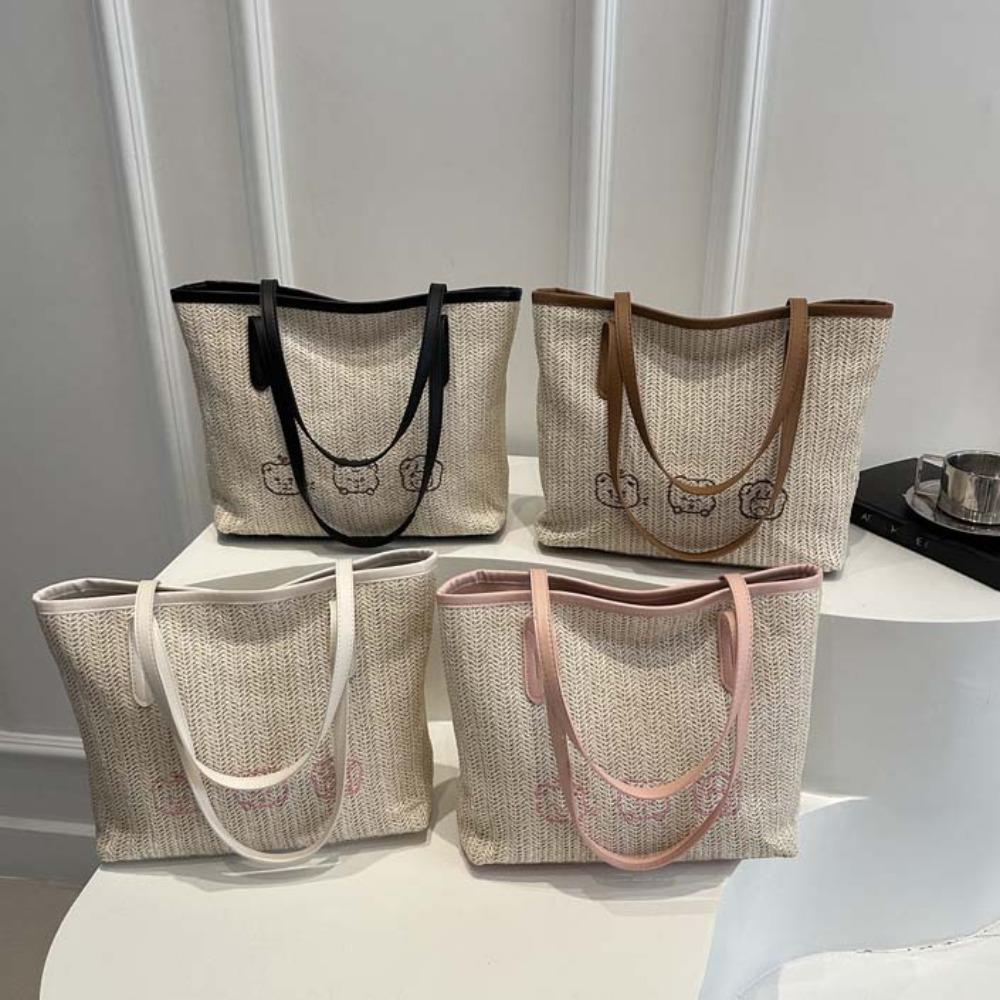 

Cartoon Pattern Woven Underarm Bag Sweet Summer Beach Handbag Casual Straw Tote Bag Spring чёрный