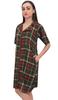 Bimba Olive Green Check Print Short Sleeve Women Shirt Night Dress With Pocket -