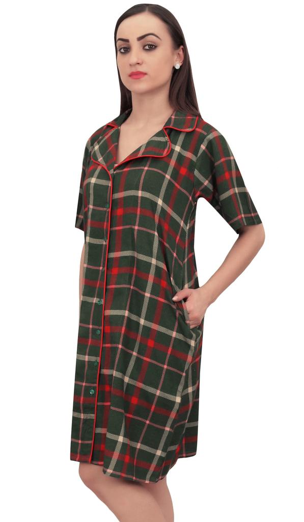 Bimba Olive Green Check Print Short Sleeve Women Shirt Night Dress With Pocket -