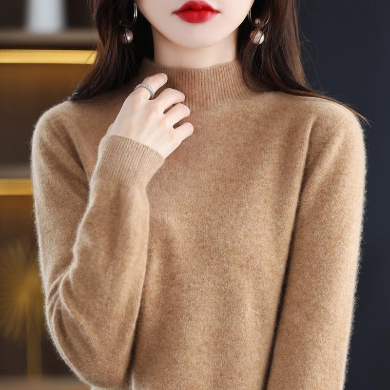 Women's Pure Wool Ribbed Sweater - Autumn/Winter Loose Fit Semi-High Neck Pullover