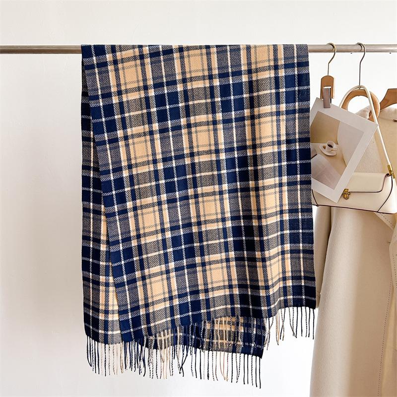 Japan and South Korea sweet imitation cashmere plaid warm shawl scarf unisex autumn and winter fashion versatile fringed scarf