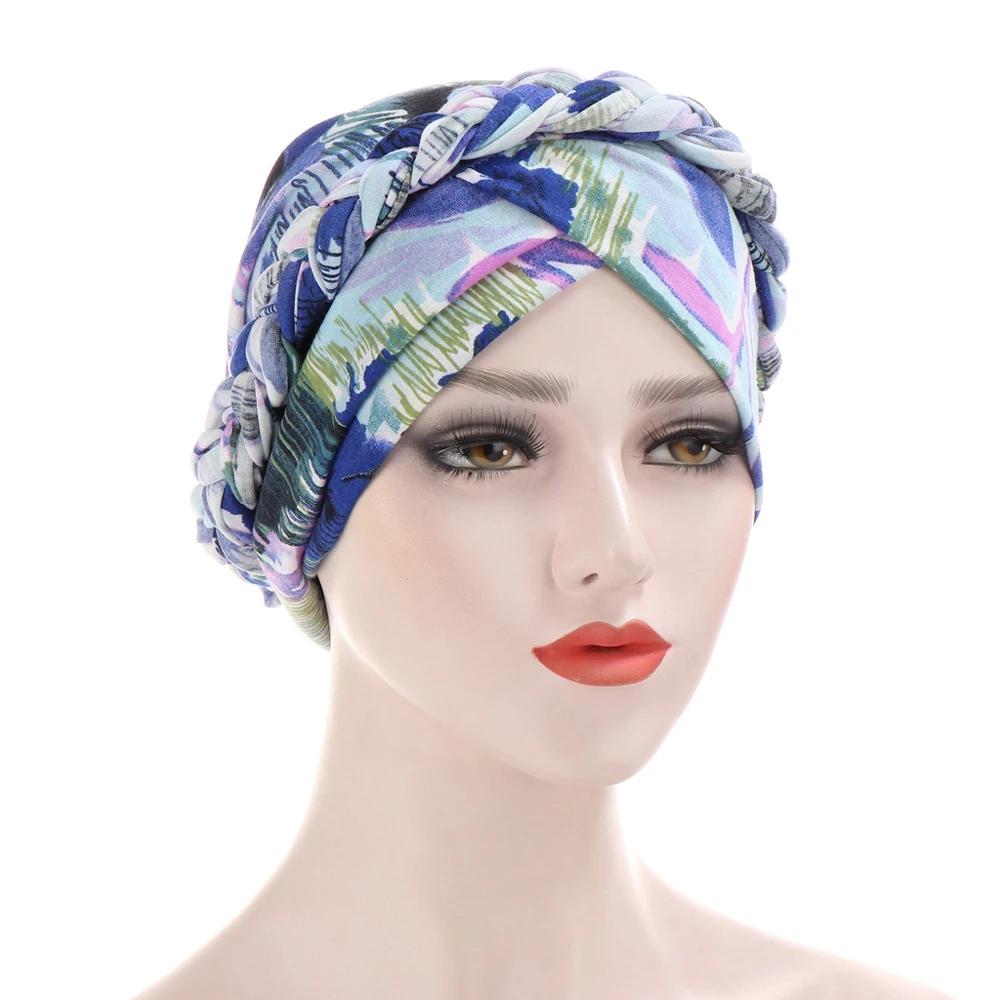 Women Muslim Flower Print Braid Bonnet Hat Hair Loss Head Wrap Hijab Cancer Cap Turban Headscarf Arab Cover Banadana Islamic New