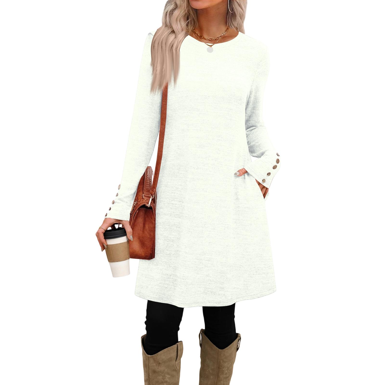 

Women s Fashion Casual Dress With Pockets, Decorative Buttons, Round Neck, Long Sleeves, Solid Color XL білий