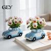 Blumentopf im Vintage-Stil Retro Käfer Auto Sukkulenten Pflanzgefäß, Großes Pflanzgefäß in Autoform mit gealterter grüner Glasur Blau Weiß