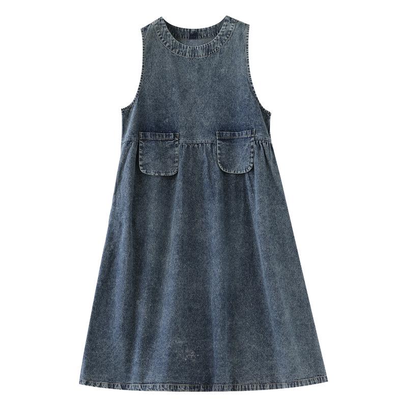 Women's Casual Denim Dress - Mid-Length, Round Neck, Loose Slimming Fit, Retro Style, Plus Size, Perfect for Spring and Summer
