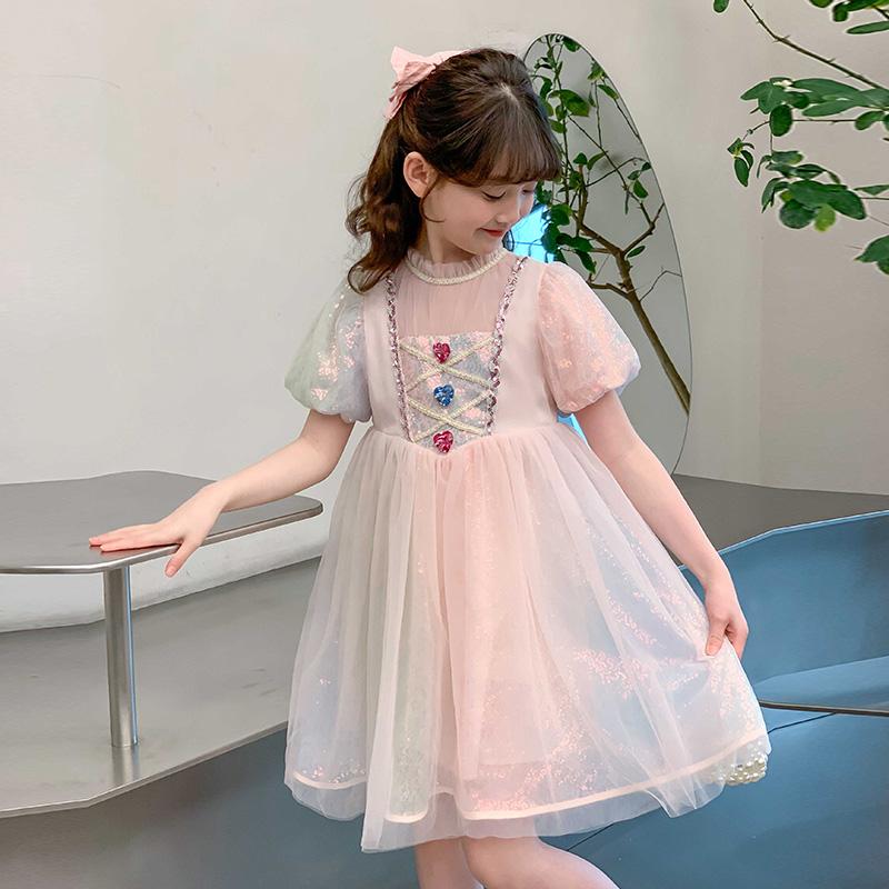 Pink princess dress, girls' summer new style gradient rainbow western-style birthday dress, children's dress, baby dress