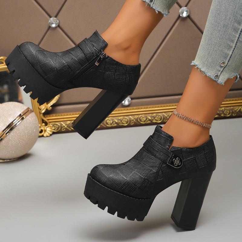 Fashion Winter New Coarse Heel Shoes Women's Fashion Round Head Thick Sole Side Zipper Anti-slip Wear-resistant High Heels