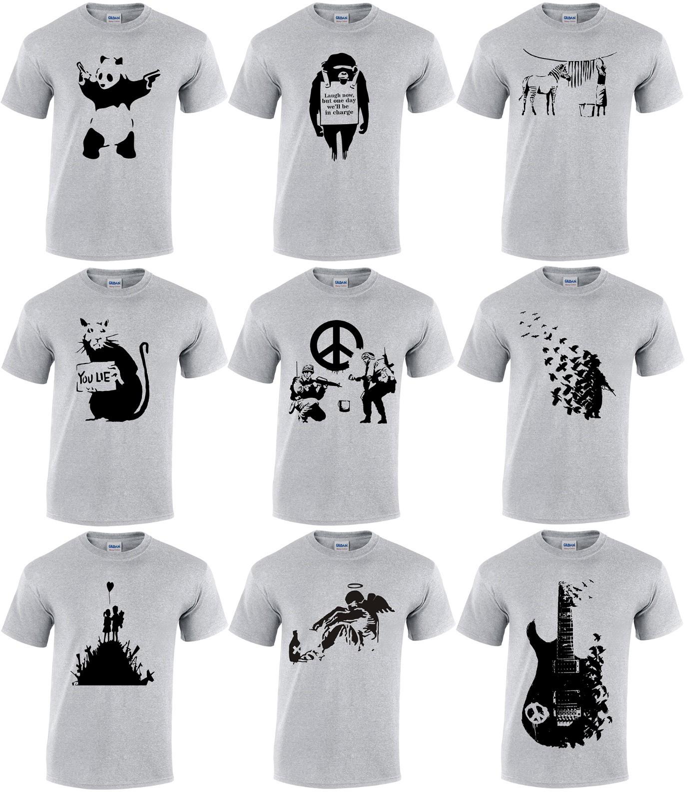 BANKSY Girl Balloon Peace Flower Panda Monkey Soldier Guitar Zebra Gray T-Shirt Mens Womens Tees Top 3XL