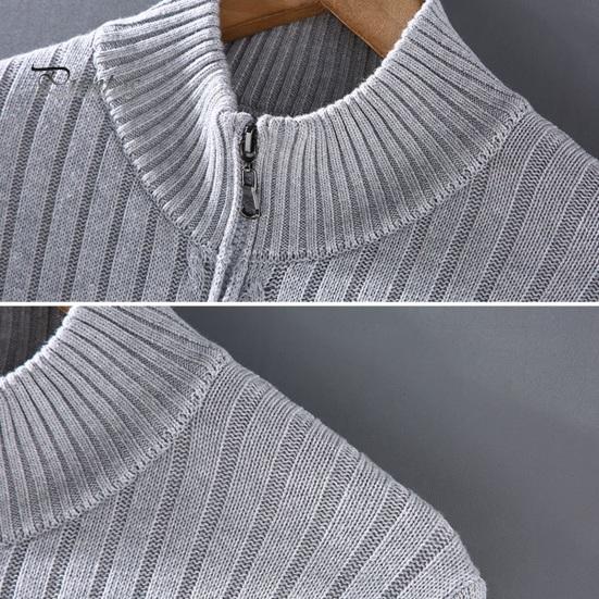 Fall Winter Men Coat Zipper Closure Knitted Cardigan Stand Collar Long Sleeves Solid Color Thick Elastic Loose Striped Texture Daily Wear Knit Jacket