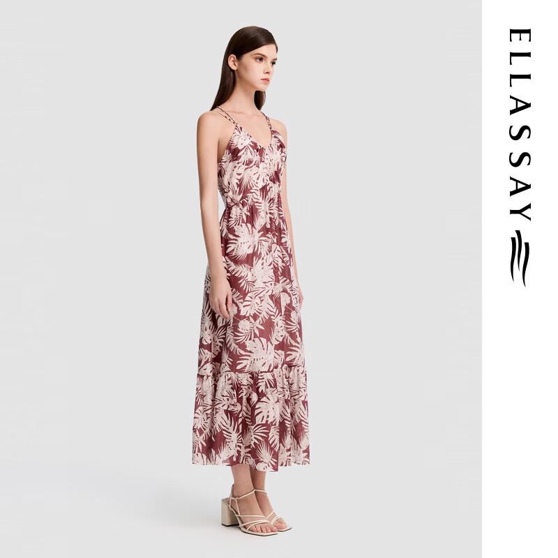 ELLASSAY Women's Tencel Linen Palm Print Strappy Maxi Dress