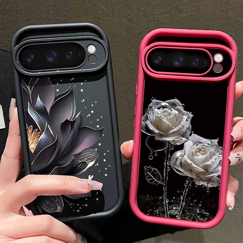 Black Rose Lotus Flower Pattern Phone Case For Google Pixel 8 7 Pro 8A 9 Pro XL Candy Color Soft TPU Silicone Shockproof Cover For Pixel 9 8 7 Pro