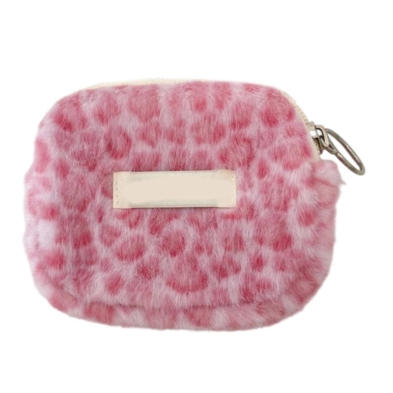 Plush Leopard Print Multifunctional Storage Pouch with Smooth Zippers for Organizing ID Cards Coin Keys and Small Items