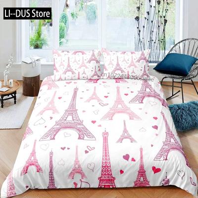 Conjunto de Capa de Edredom Paris Poliéster Tema Paris Listrado Branco Rosa Arquitetura Famosa Mundialmente Criatividade Solteiro Casal Queen King Capa de Edredom