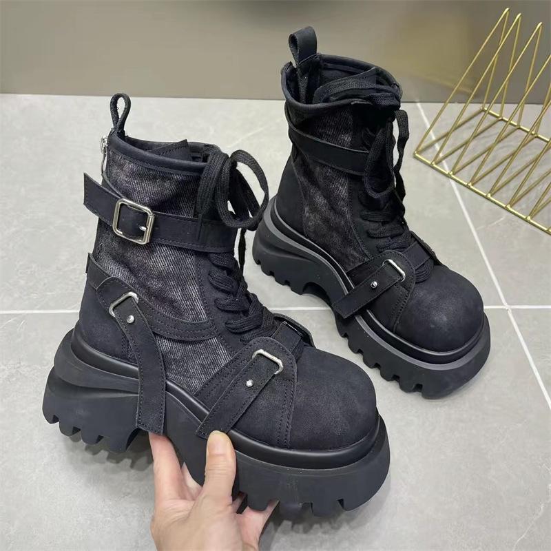 European Denim Big-headed Muffin Thick-soled Martin Boots for Women's 2025 Spring and Autumn New Small Height-increasing Locomotive Short Boots