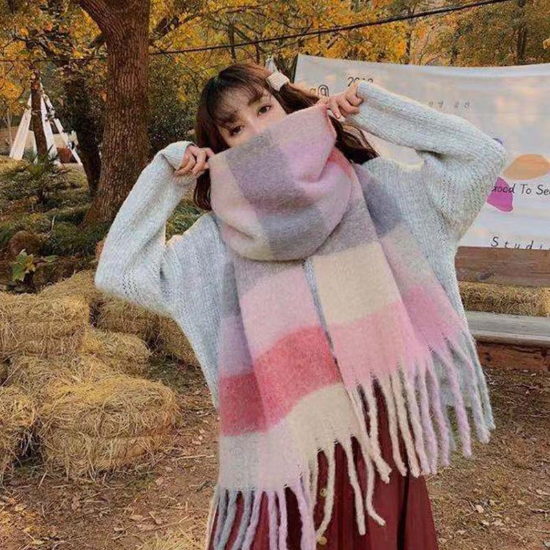 Rainbow Scarf Female Winter Shawl Couple Colorful Plaid Warm and Thickened Ins Fashion Cute Girl Student Versatile
