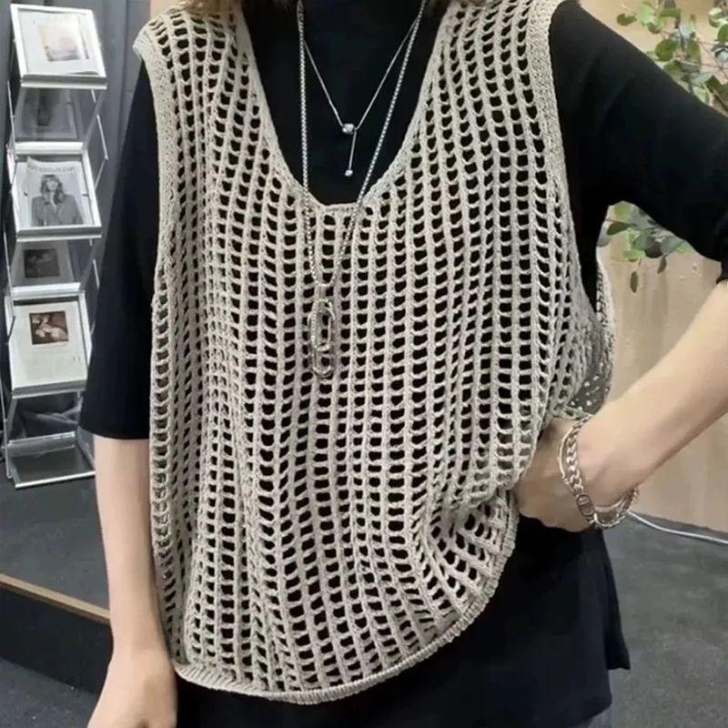 

Women s Summer Mesh-Panel Knit Tank Top: Spring Retro-Inspired, Relaxed-Fit Top with A Stylish Round Neckline 3XL хакі