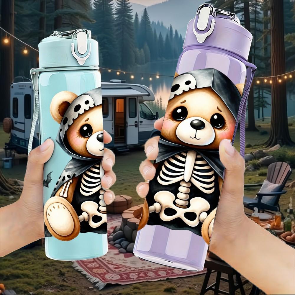 1PC Skeleton Bear Wearing Hood 750ml Color Plastic Sports Water Bottle Leakproof Flip Straw Lid Suitable for Sports Office Home Use