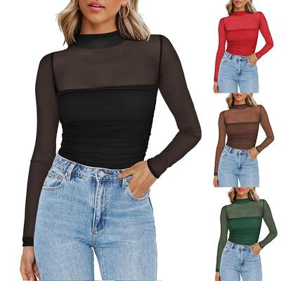 Womens Sexy Mesh Long Sleeve Shirts Fashion Clothing Turtle Necks Sheer Ruched Going Out Tops Fall Outfits Slim Fit Blouses