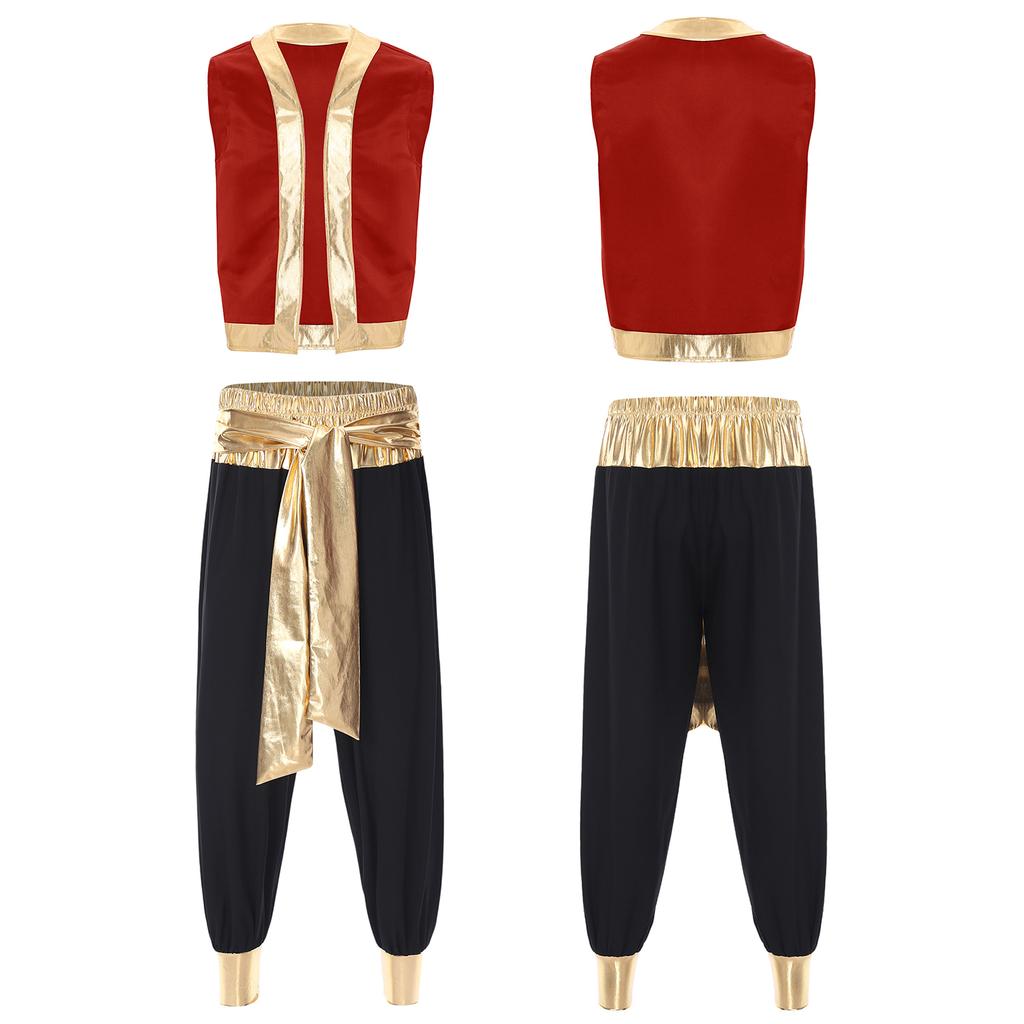 Mens Arabian Prince Costume Set Metallic Shiny Trim Open Front Vest Long Pants Two Piece Party Outfit