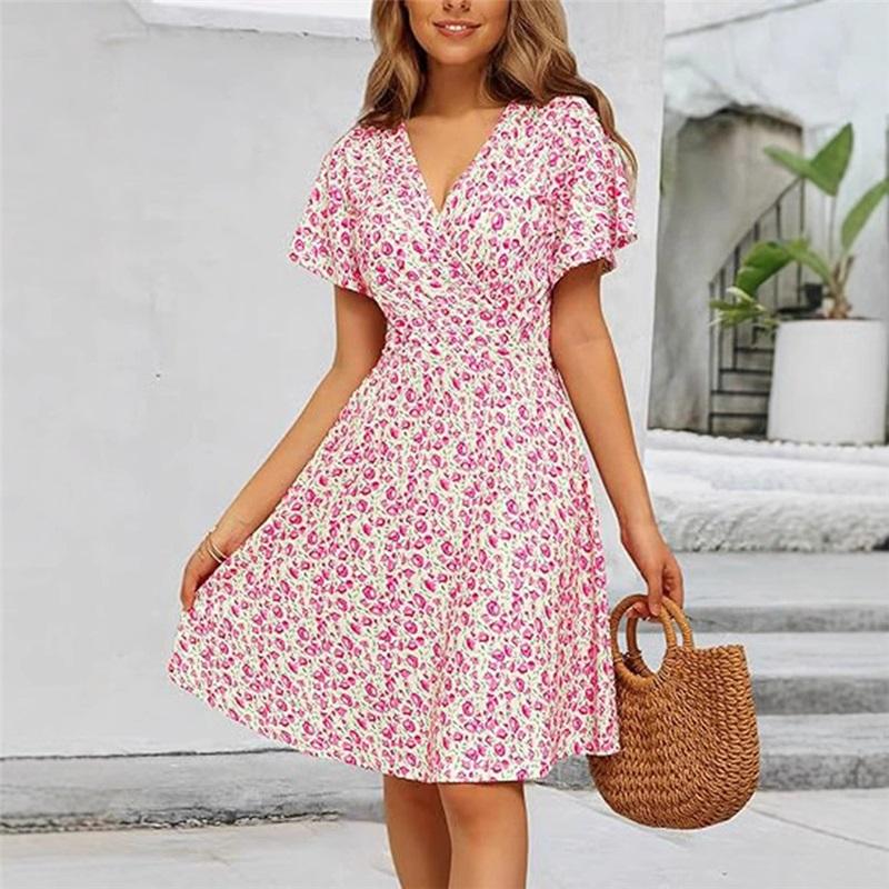 Europäische Und Amerikanische Neue Damen Sonnenrock Sommer Blumen Kurzarm Wickel V-Ausschnitt Taille Bedrucktes Kleid
