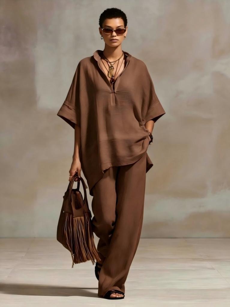 Women's Summer/Fall Casual Relaxed-Fit Solid-Color Shirt and Wide-Leg Pants Set