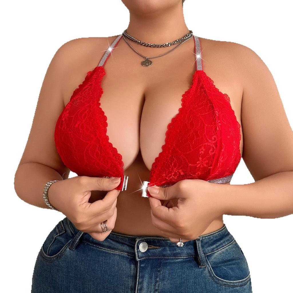 Reggiseno Wireless a Collo Alto con Spalline in Pizzo Rosso Glitterato