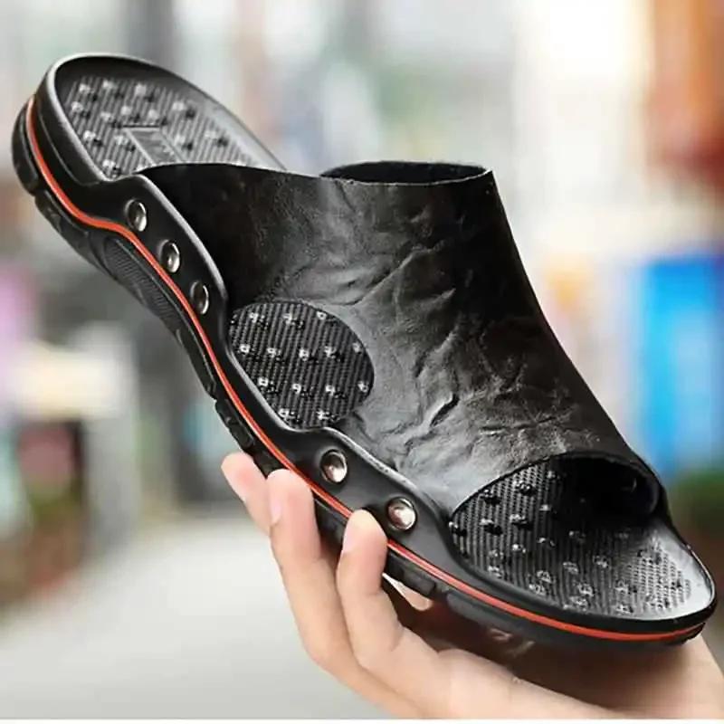 Genuine Leather Slippers Men Big Size Breathable Men Beach Sandals High Quality Outdoor Flip Flops Soft Men Slippers New