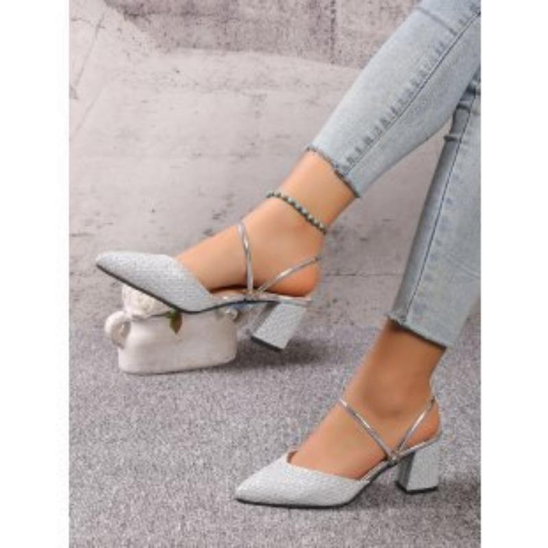 

New large size high-heeled sandals temperament niche pointed middle heel half bag head small high heel one shoe two wear women s shoes 42 серебряный