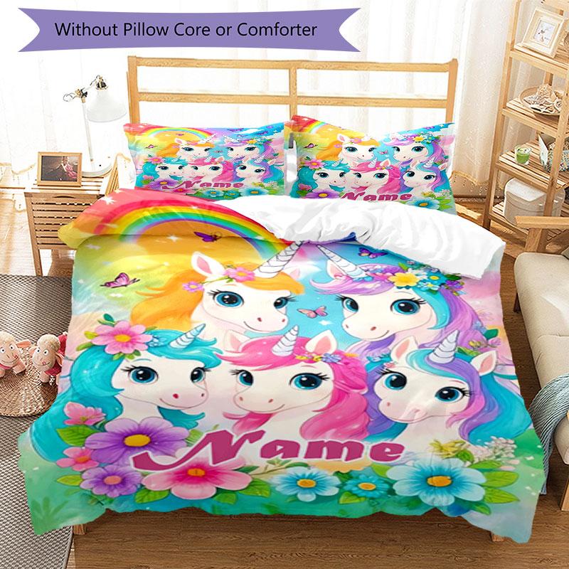 3PC Custom Name Rainbow Unicorns Fantasy Bedding Set Printed Bedding Set Duvet Cover Closure Includes 1 Duvet Cover & 2 Pillowcases for All Seasons Be