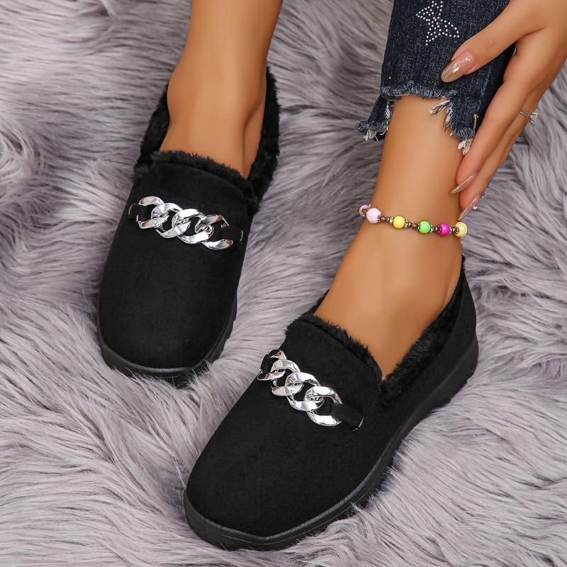 Fashion Women's Thick Plush Flat Shoes 2024 Autumn and Winter Solid Color Soft Sole Slip-On Loafers Comfortable Warm Casual Shoes