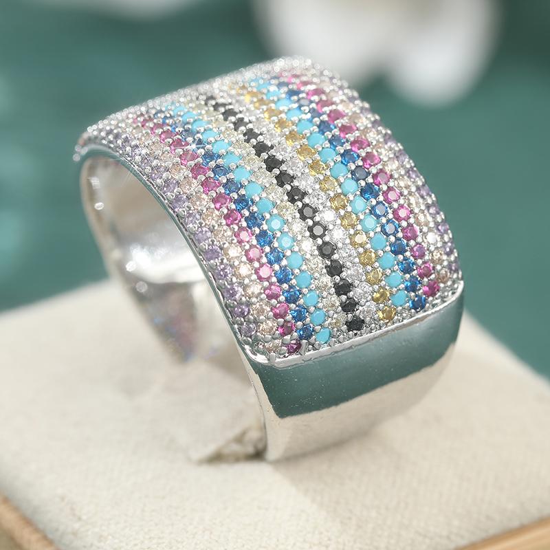 Dazzling Inlaid Multicolored CZ Women's Ring Trendy CopperColor Geometry Daily Wear Party Jewelry Anniversary Gift