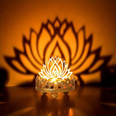 1pc Hollow Carved Candle Holder, Alloy Light And Shadow Candle Holder, Worship Lamp Suitable For Buddha Candle Holder