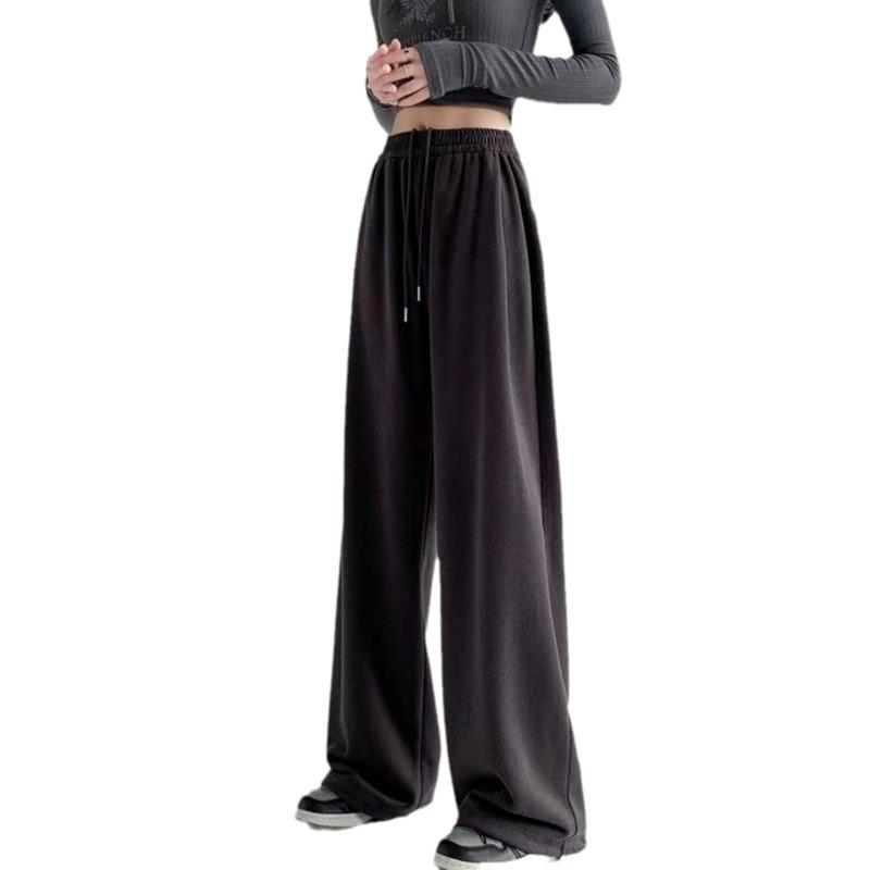 Women's American-Style Gray Sweatpants: Spring & Autumn Loose Fit, Slimming, Wide-Leg, Straight-Leg, Winter Fleece-Lined.