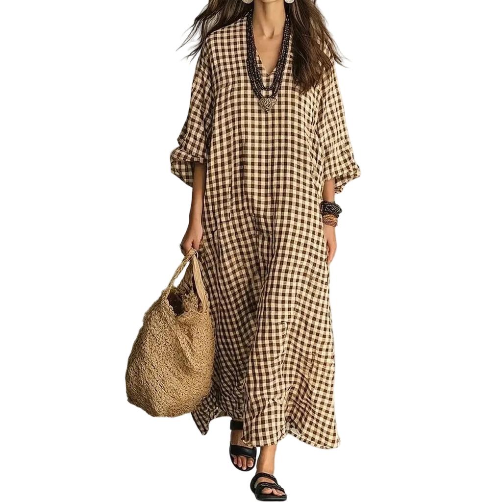Women's Retro Plaid Loose Fit Cotton Linen Casual Dress