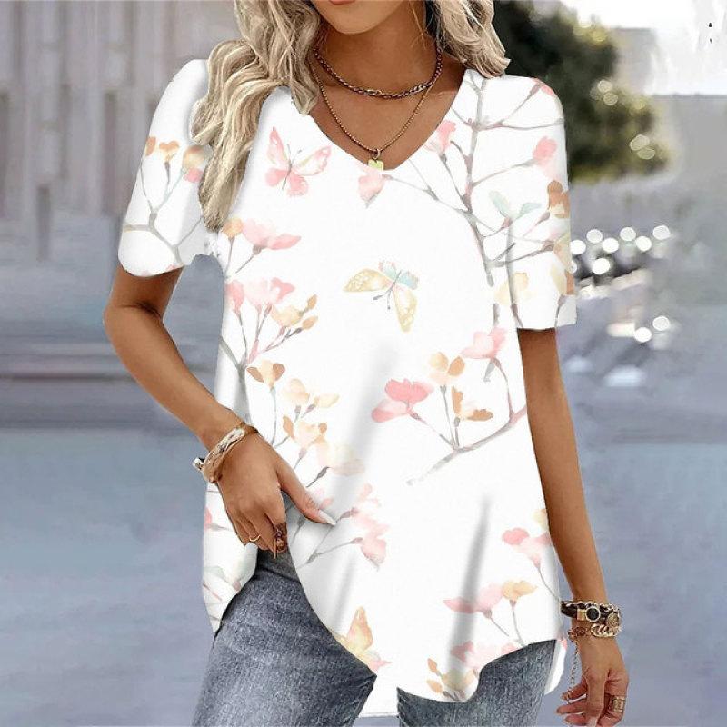 Women Summer V Neck Short Sleeve T Shirt Loose Casual Feminina White T Shirts Female Plus Size Tops 3D Printing Tees T-Shirts