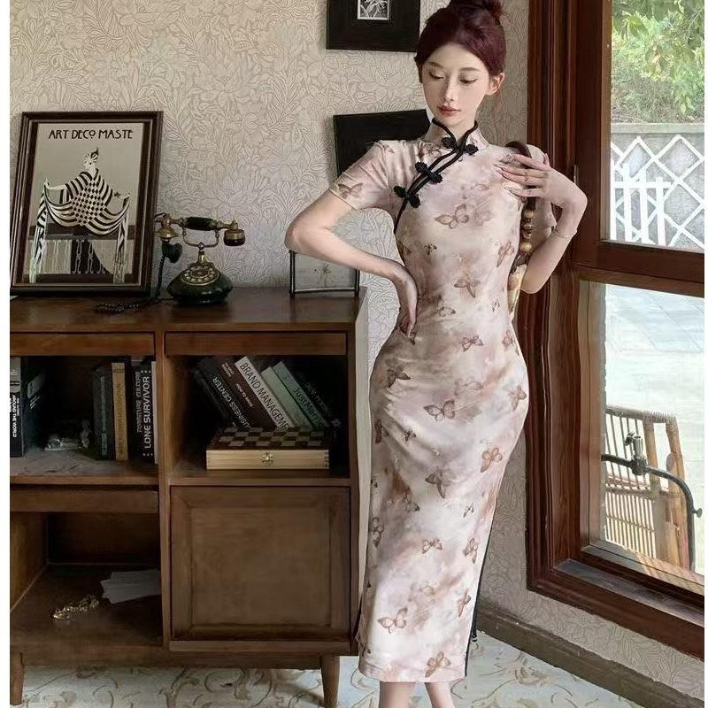 Chinese-style modified qipao printed dial button dress for women, summer wholesale slim-fit, waist-cinching, slit long dress