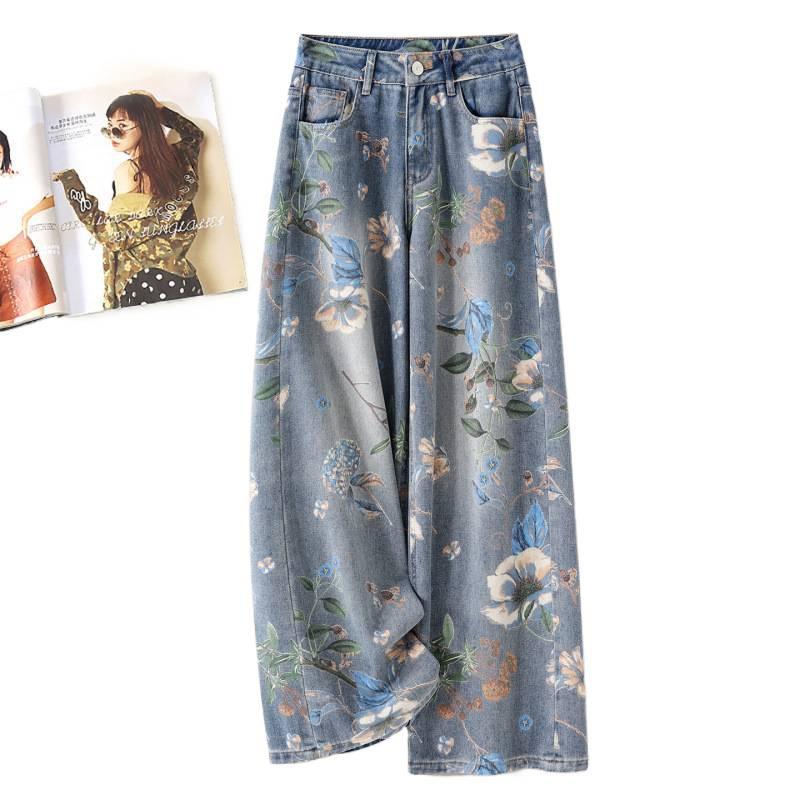 Retro printed wide legs summer high waist thin nine-point jeans women's fashion summer thin fashion age reduction