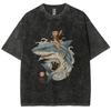 Ukiyoe Cat And Shark  Cartoon Y2K Washed T-shirt, Oversized Streetwear Vintage Washed Surf T Shirts For Men Women Top Tee