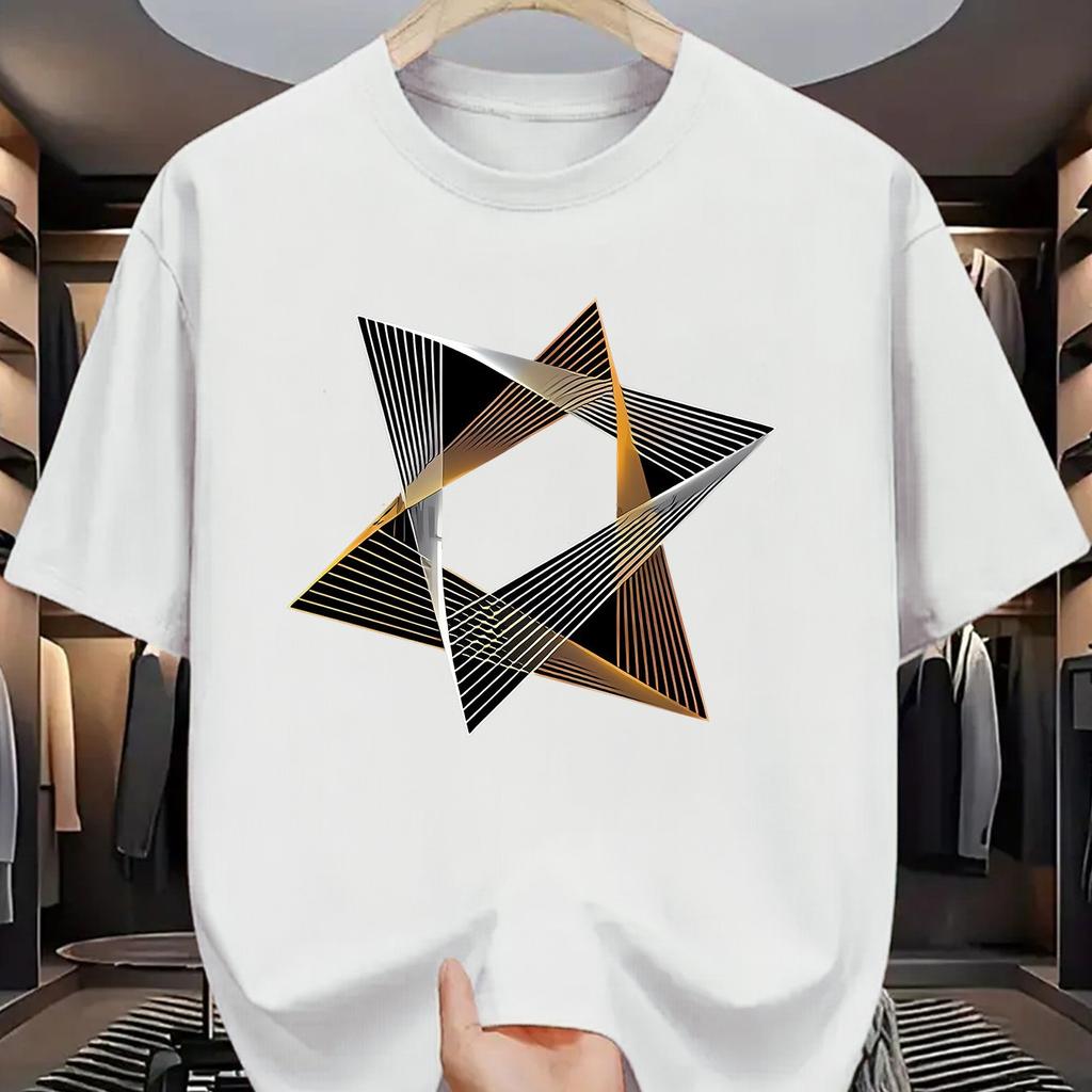 Geometric Star Print Mens Cotton TShirt Casual Short Sleeve Breathable Crew Neck Graphic Tee
