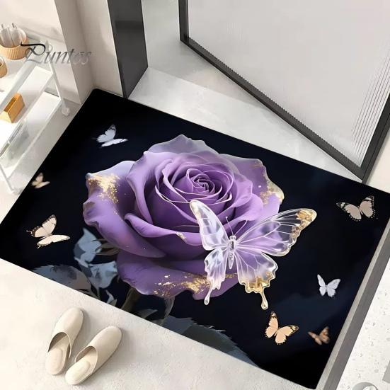 Realistic Rose Bathroom Rug 3D Floor Mat Flower Pattern Non-Slip Bath Anti-slip And Butterflies for Entrance Bedroom Living Room Butterfly Design