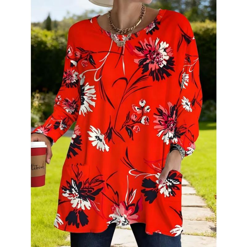 Women's long-sleeved round-neck T-shirt, suitable for spring, autumn and winter seasons. It has pockets and print designs.  machine washable.