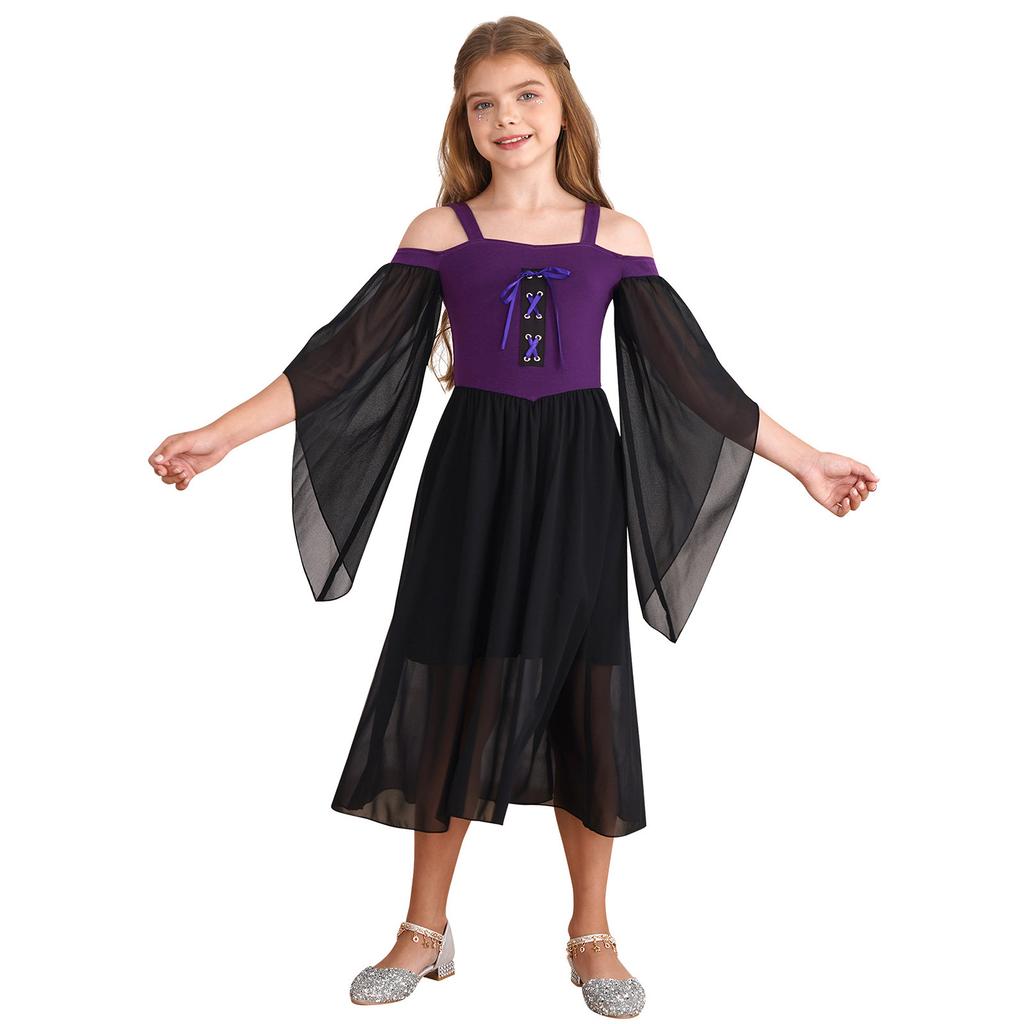 Halloween gotiske kjoler for jenter Butterfly Sleeve Lace Up Dress Cold Shoulder Flowy Medieval Cosplay Dress